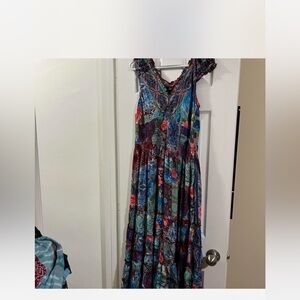 Women’s L/XL 65% silk Boho Multi-Color Sleeveless Maxi Dress NWT